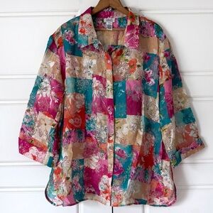 Vintage Graff Floral Patchwork Button Up Blouse XL Whimsical Boho Artsy Funky